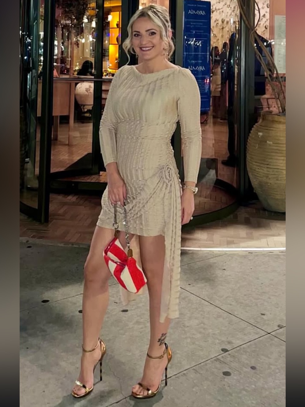 Lioness Beige Knit Asymmetric Tie-Waist Mini Dress